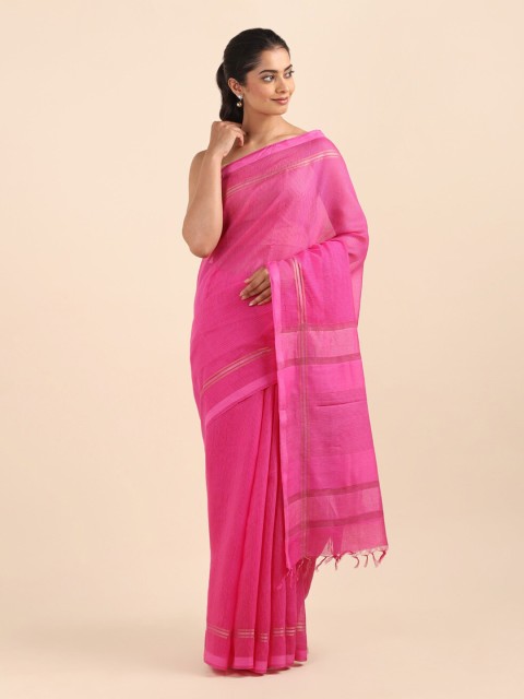 

Taneira Pink & Gold-Toned Striped Pure Silk Saree
