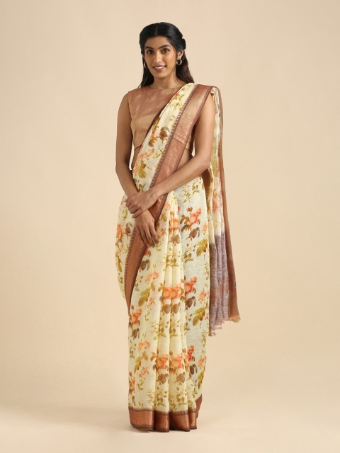 

Taneira Beige & Orange Floral Zari Pure Linen Saree