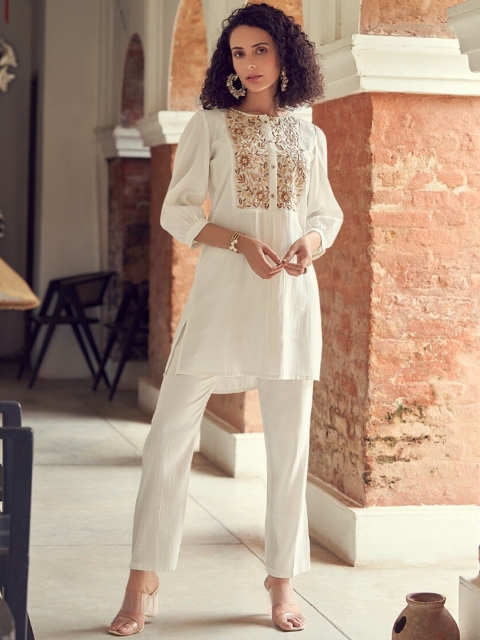 

AUTUMN LANE Women White Embroidered Panelled Kurta with Trousers & With Dupatta