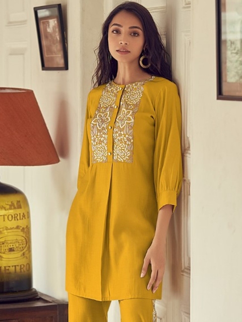 

AUTUMN LANE Women Yellow Ethnic Motifs Embroidered Kurti with Trousers & With Dupatta