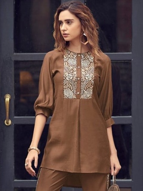 

AUTUMN LANE Women Brown Embroidered Kurta with Trousers & With Dupatta
