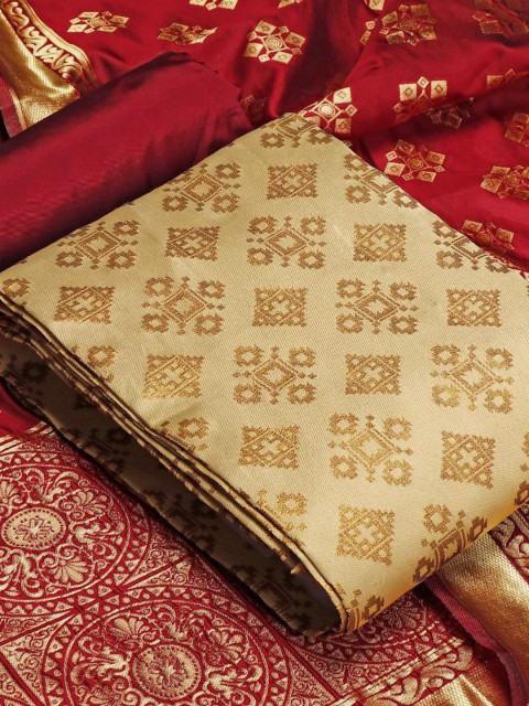 

MORLY Beige & Red Dupion Silk Unstitched Dress Material