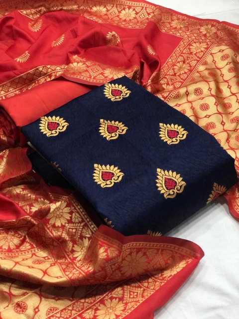 

MORLY Women Blue & Red Banarasi Jacquard Unstitched Dress Material