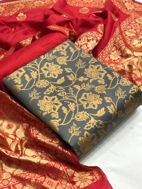 

MORLY Grey & Red Dupion Silk Unstitched Dress Material