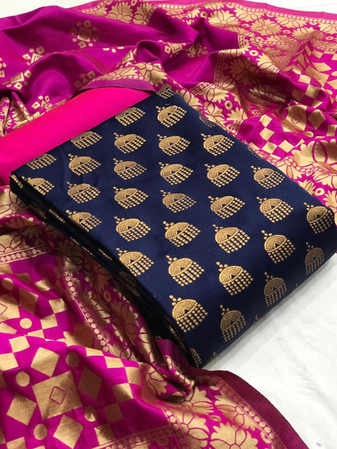 

MORLY Blue & Pink Dupion Silk Unstitched Dress Material