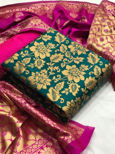 

MORLY Green & Pink Dupion Silk Unstitched Dress Material