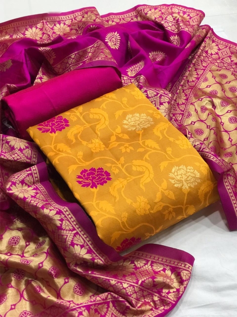 

MORLY Yellow & Purple Dupion Silk Unstitched Dress Material