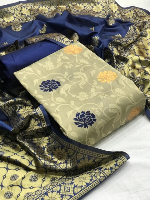 

MORLY Beige & Yellow Dupion Silk Unstitched Dress Material
