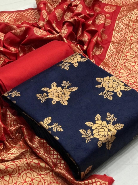 

MORLY Blue & Red Dupion Silk Unstitched Dress Material