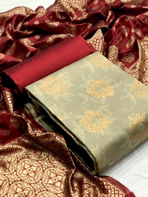 

MORLY Beige & Maroon Dupion Silk Unstitched Dress Material
