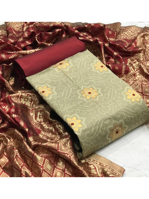 

MORLY Beige & Maroon Dupion Silk Unstitched Dress Material