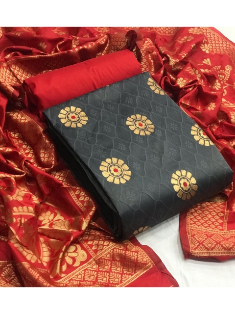 

MORLY Grey & Red Dupion Silk Unstitched Dress Material