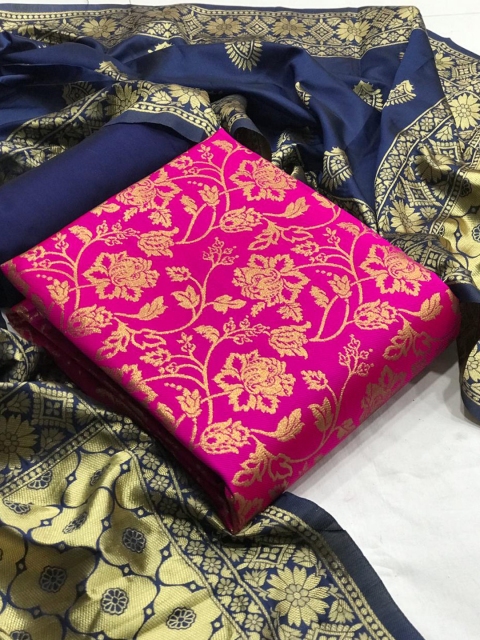 

MORLY Pink & Blue Dupion Silk Unstitched Dress Material