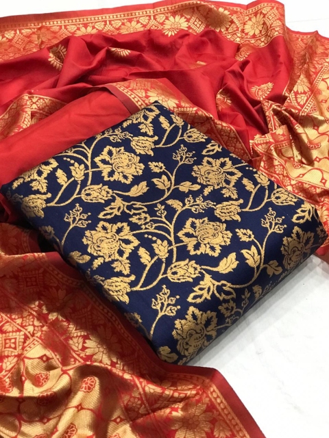 

MORLY Blue & Red Dupion Silk Unstitched Dress Material