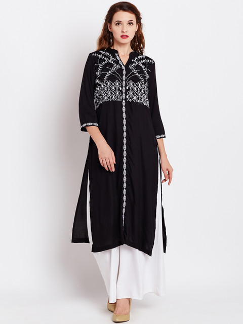 

Rain & Rainbow Women Black Embroidered Straight Kurta