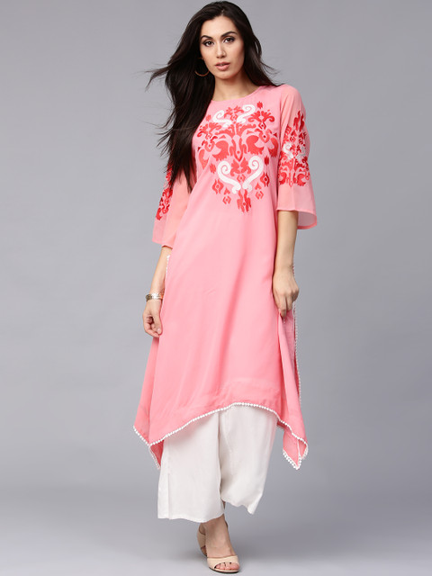 

Rain & Rainbow Women Peach-Coloured Embroidered Asymmetric A-Line Kurta