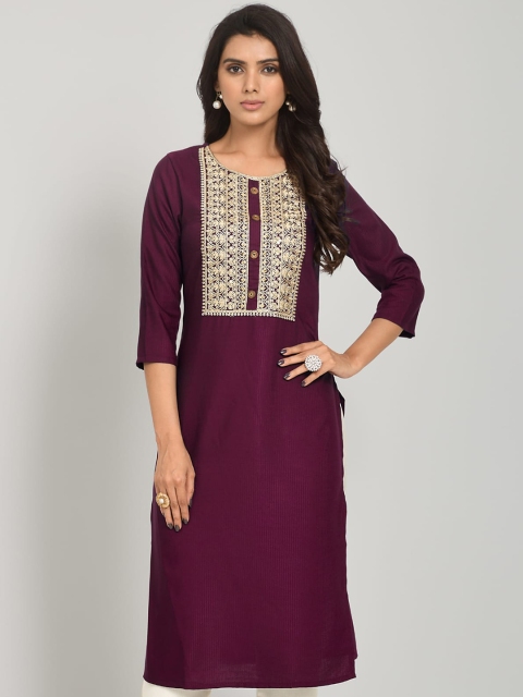 

RIVAMA Women Purple Ethnic Motifs Embroidered Kurta