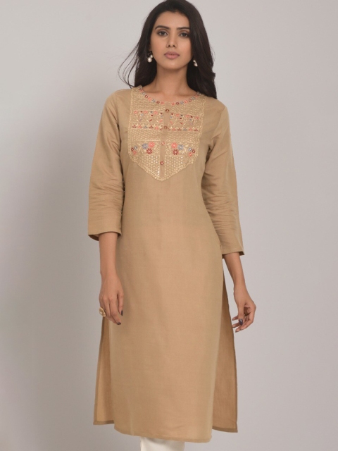 

RIVAMA Women Beige & Golden Ethnic Motifs Embroidered Kurta
