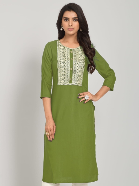 

RIVAMA Women Green Embroidered Ethnic Motifs Yoke Design Kurta