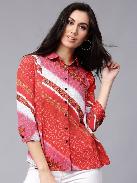 

Rain & Rainbow Women Red & Pink Printed Casual Shirt