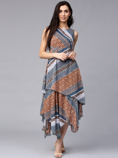 

Rain & Rainbow Women Blue Printed Midi Dress