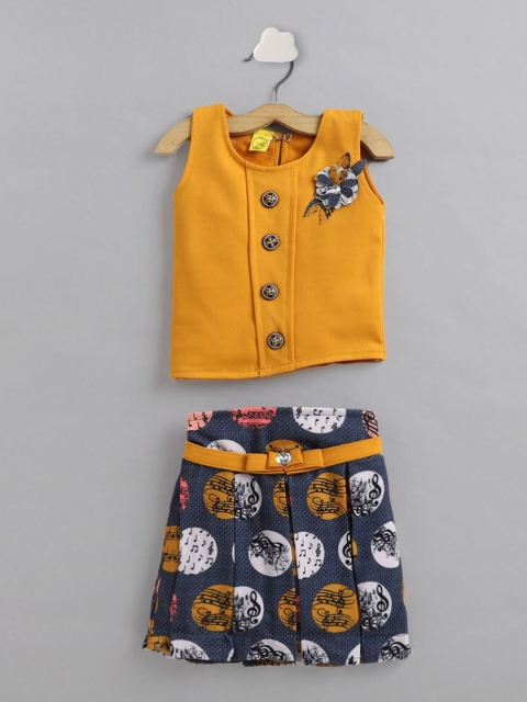 

The Magic Wand Girls Mustard & Navy Blue Printed Top with Skirt