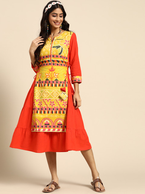 

Sangria Orange & Yellow Ethnic Motifs Ethnic A-Line Dress