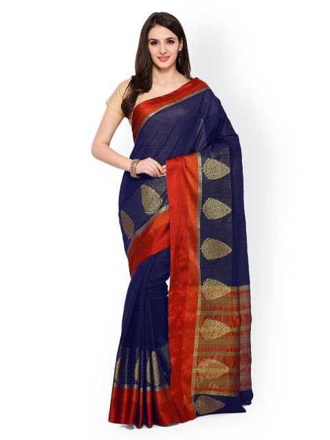 

Sugathari Navy Blue Polycotton Solid Chanderi Saree
