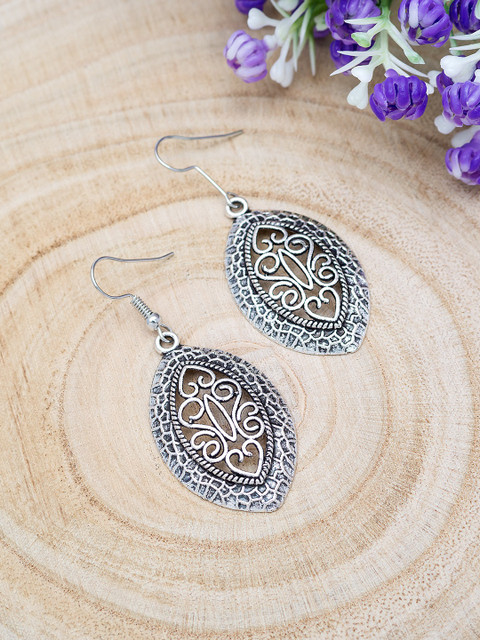 

Golden Peacock Antique Silver-Plated Teardrop Shaped Drop Earrings