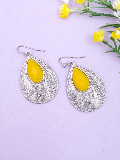 

Golden Peacock Silver-Plated & Yellow Teardrop Shaped Drop Earrings