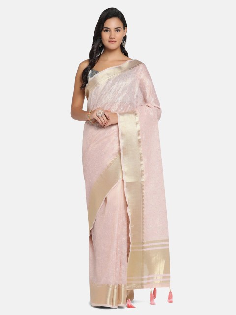 

BOMBAY SELECTIONS Peach-Coloured & Gold-Toned Floral Embroidered Jute Cotton Banarasi Saree