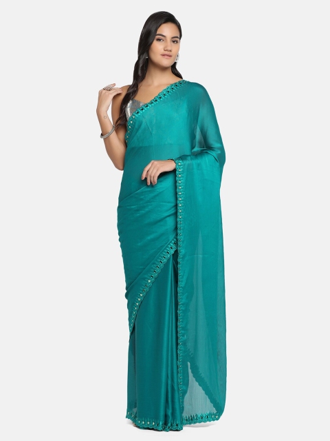 

BOMBAY SELECTIONS Green & White Mirror Work Embellished Saree