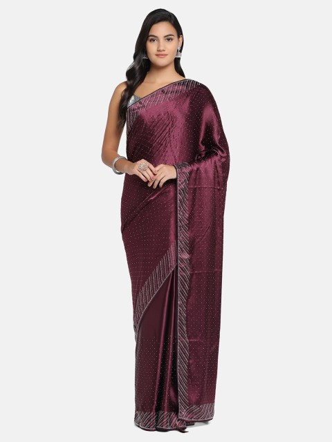 

BOMBAY SELECTIONS Purple & Silver-Toned Embellished Beads and Stones Satin Saree