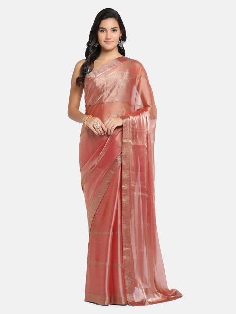 

BOMBAY SELECTIONS Rust & Silver-Toned Striped Beads and Stones Saree