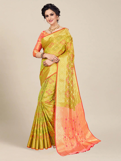 

MS RETAIL Green And Peach Ethnic Motifs Zari Patola Saree