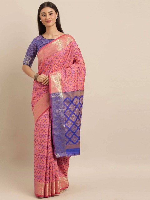 

MS RETAIL Pink & Blue Ethnic Motifs Zari Silk Blend Patola Saree