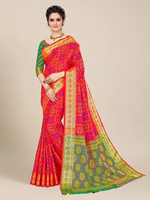 

MS RETAIL Red And Green Ethnic Motifs Zari Patola Saree