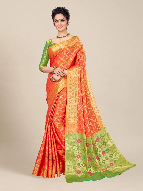 

MS RETAIL Orange And Green Ethnic Motifs Woven Design Zari Patola Saree