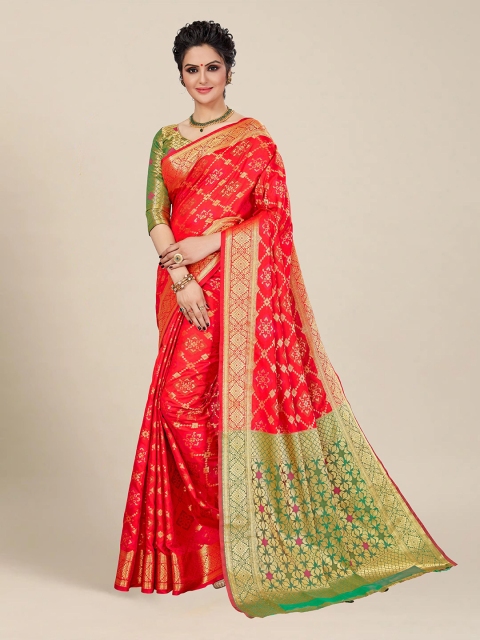 

MS RETAIL Pink And Green Geometric Woven Design Zari Patola Saree