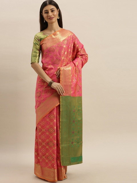 

MS RETAIL Pink And Green Ethnic Motifs Woven Design Zari Patola Saree