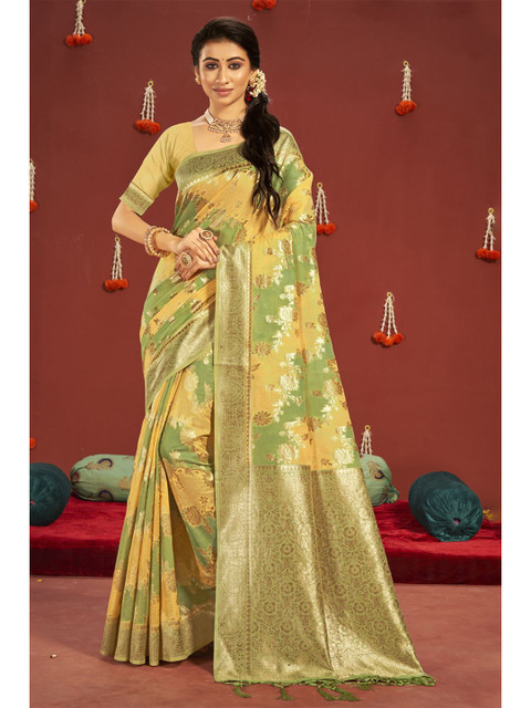 

KARAGIRI Green & Yellow Ethnic Motifs Zari Saree