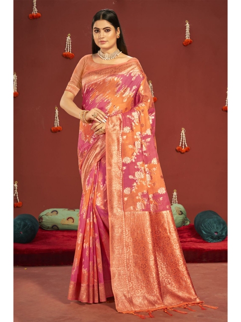 

KARAGIRI Orange & Pink Floral Zari Saree
