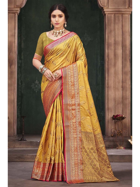

KARAGIRI Mustard & Pink Woven Design Zari Saree