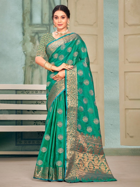 

KARAGIRI Sea Green & Gold-Toned Woven Design Zari Saree