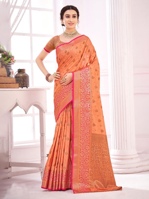 

KARAGIRI Peach-Coloured Woven Design Zari Silk Blend Banarasi Saree