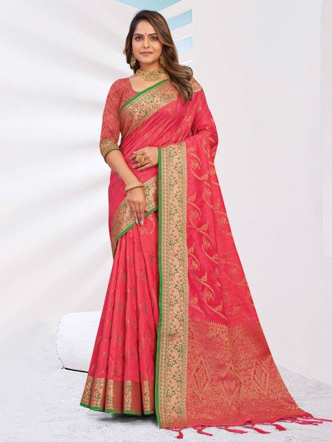 

KARAGIRI Pink & Green Woven Design Zari Silk Blend Banarasi Saree