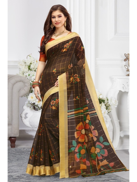 

KARAGIRI Brown & Red Floral Zari Saree