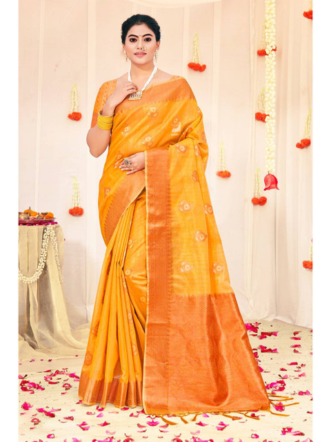 

KARAGIRI Yellow & Gold-Toned Floral Zari Organza Saree