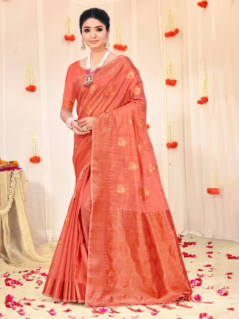 

KARAGIRI Peach-Coloured & Gold-Toned Woven Design Zari Organza Saree