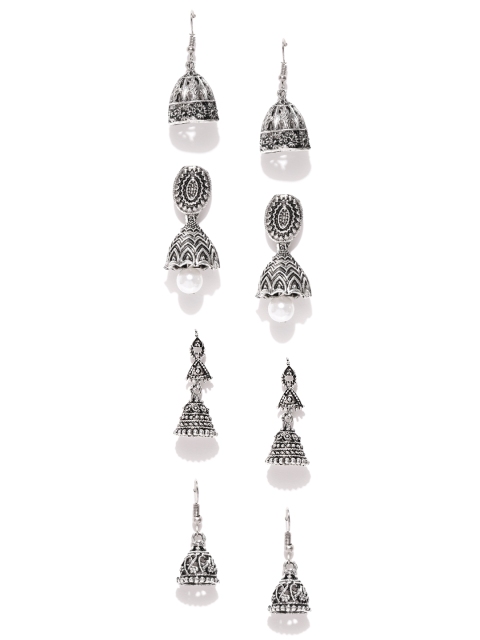 

Zaveri Pearls Set of 4 Oxidised Silver-Plated Jhumkas